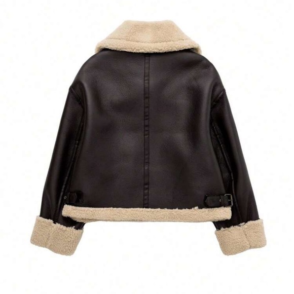 Vegan Leather Aviator Jacket Faux Shearling Trim Shearling Lined chocolate brown - Picture 7 of 12